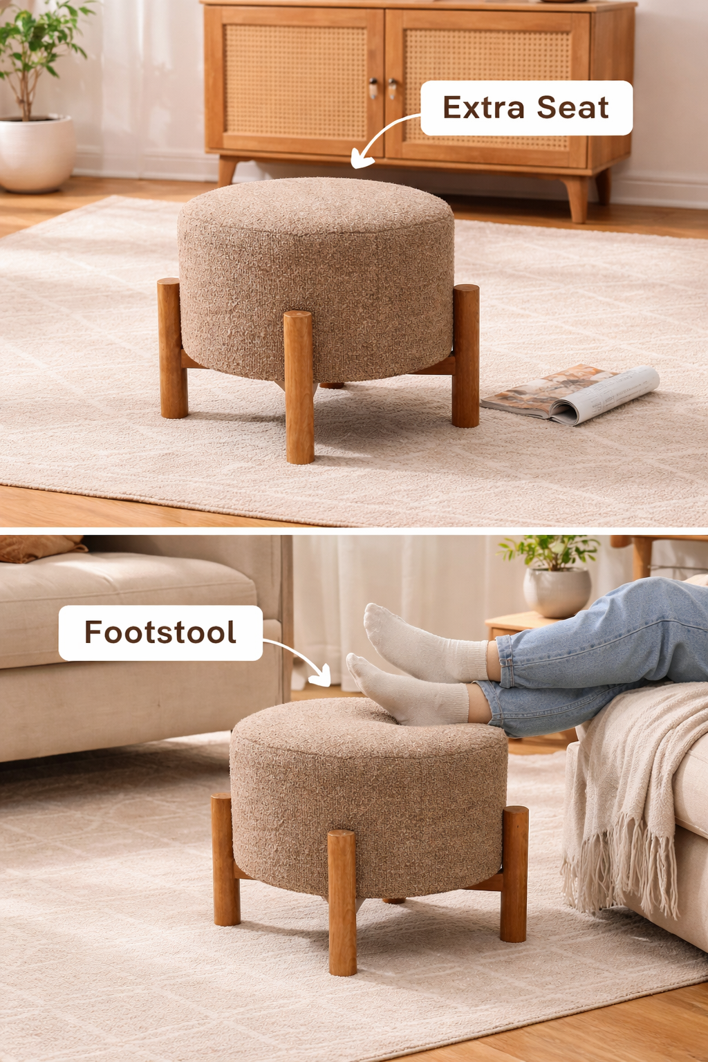 Beige Boucle Ottoman Stool with Wood Legs – 40 cm