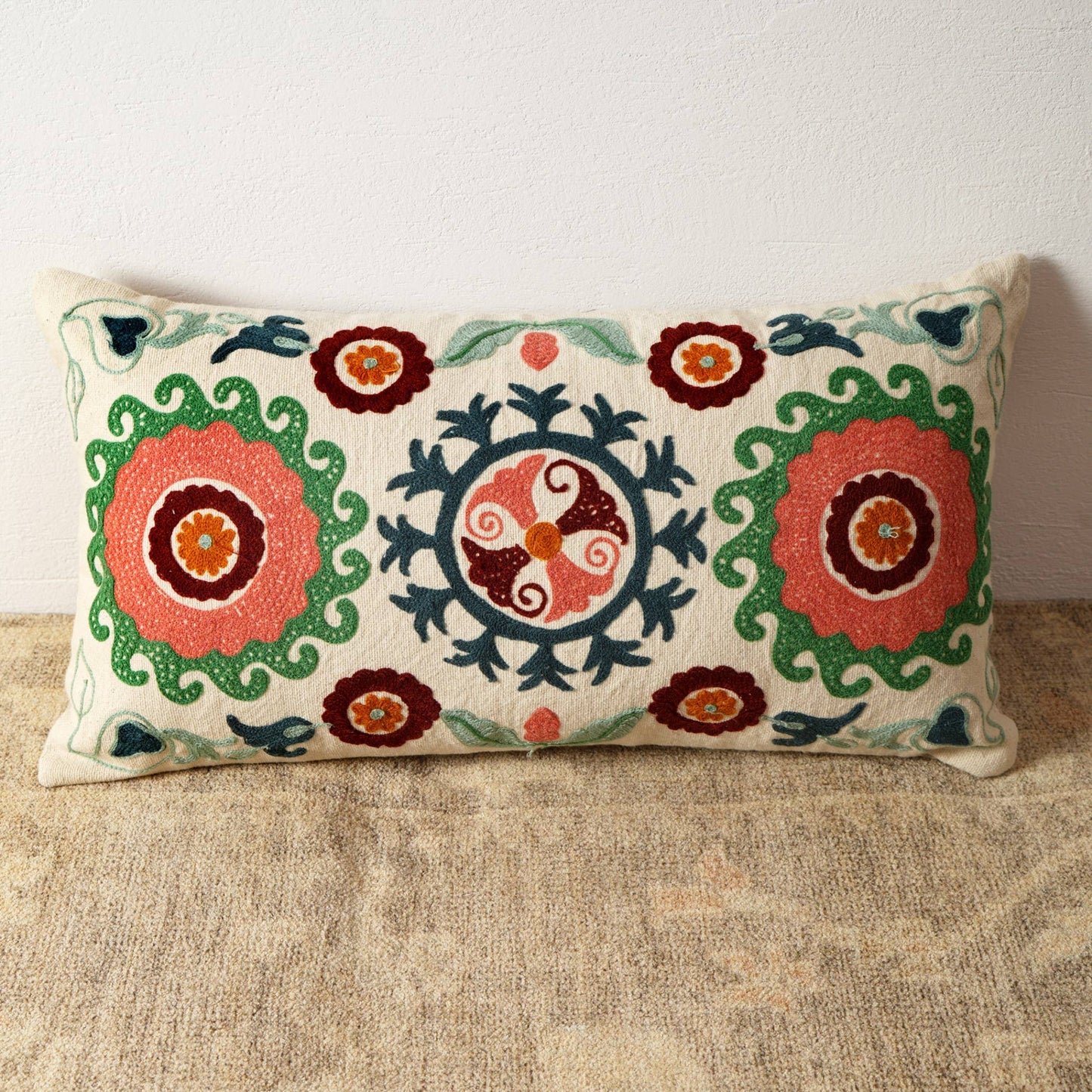 Suzani Embroidered Lumbar Cushion With Filler