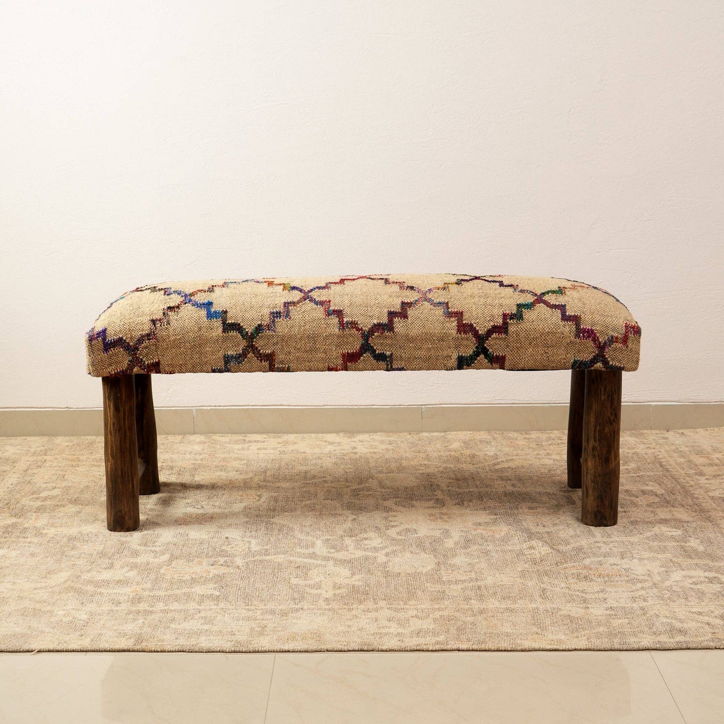 Embroidered Jute Bench with Bamboo Legs – 114 cm