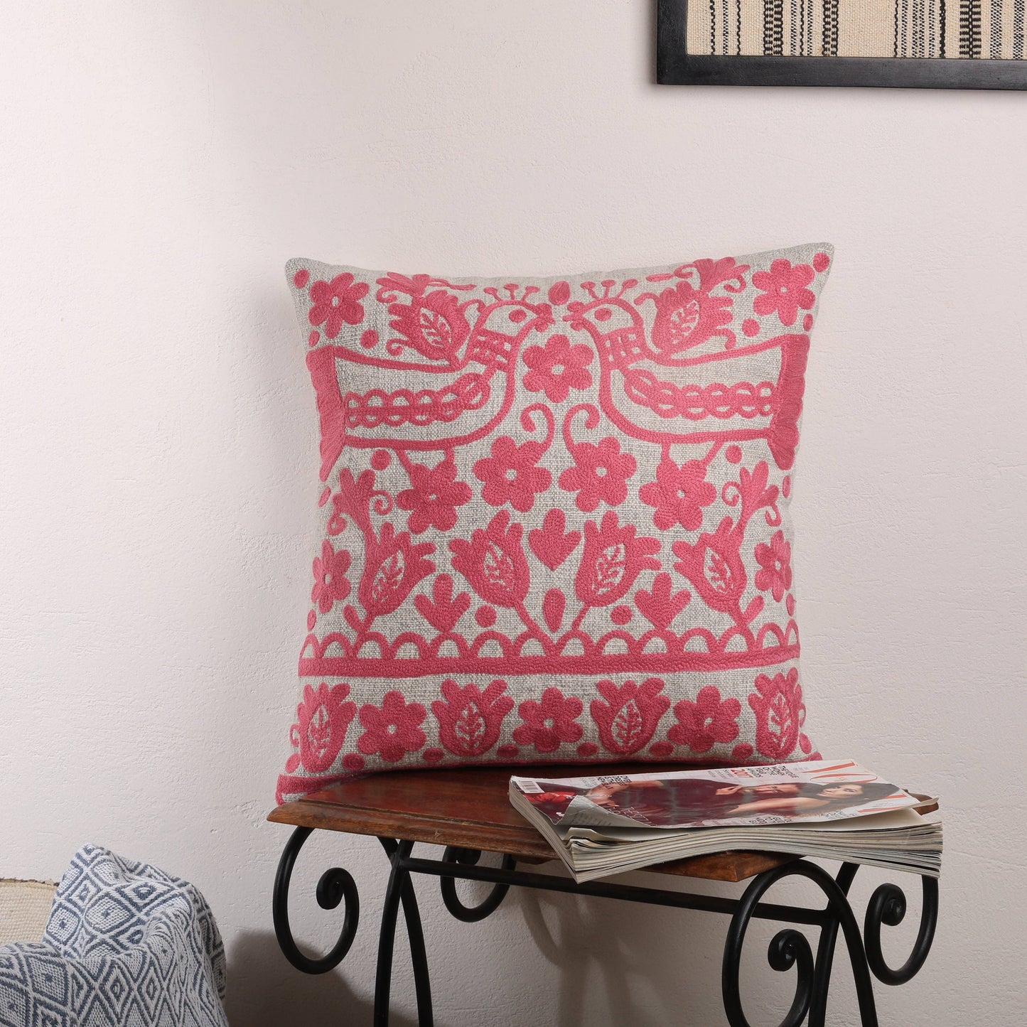 Pink Embroidered Cotton Cushion with Filler 45x45 cm