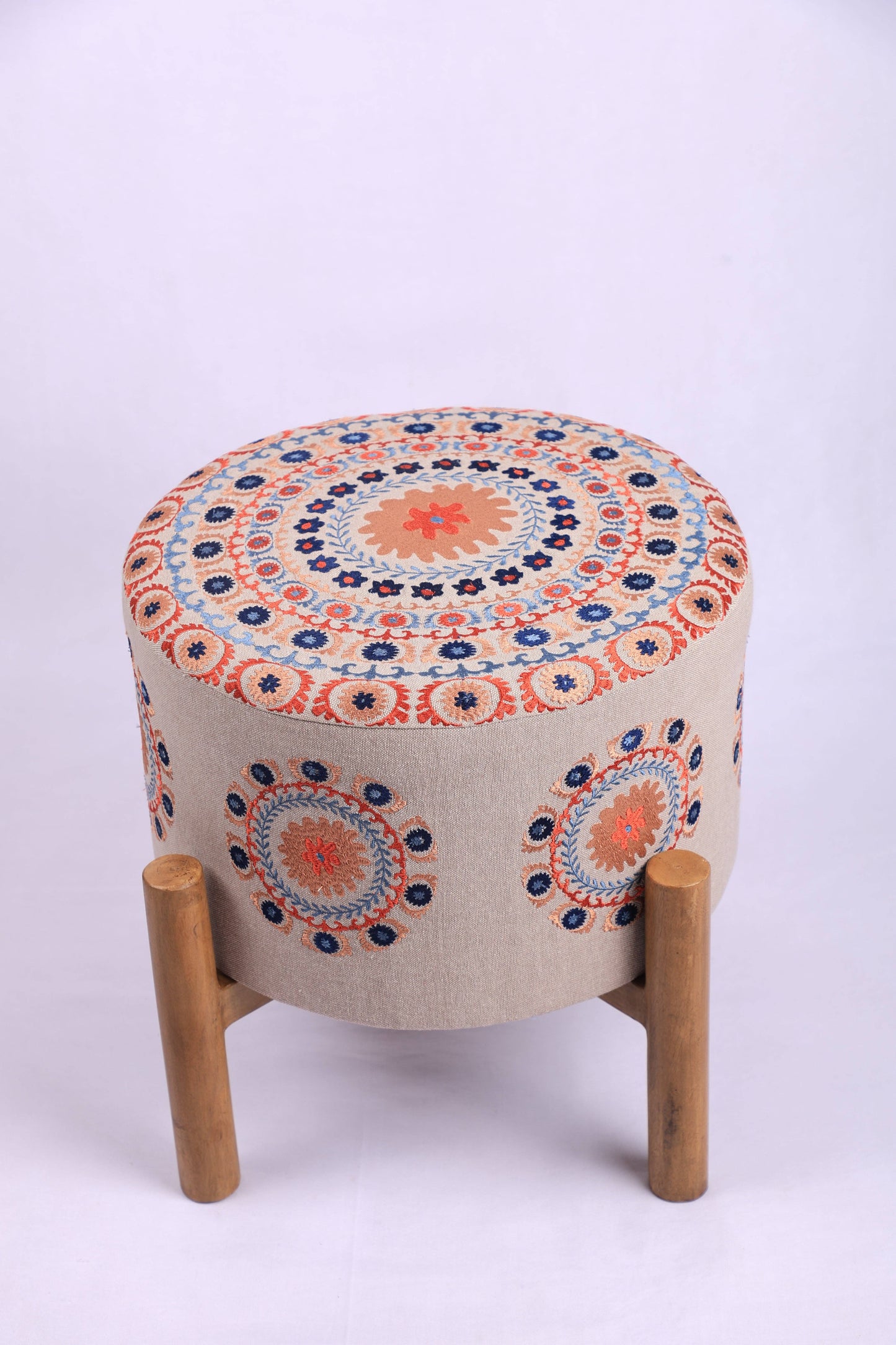 Embroidered Mandala Cotton Pouf Stool with Wooden Legs