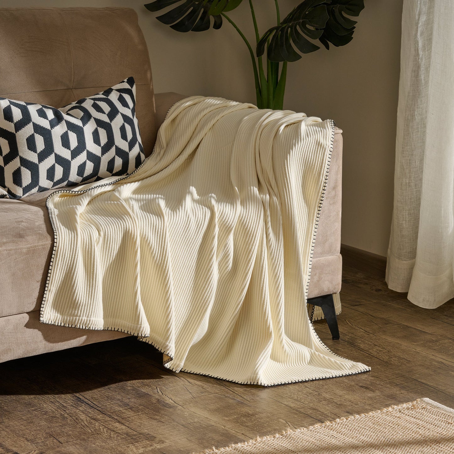 Throw Blanket | Cotton-Bamboo Whipstitch Ribbed | Cream