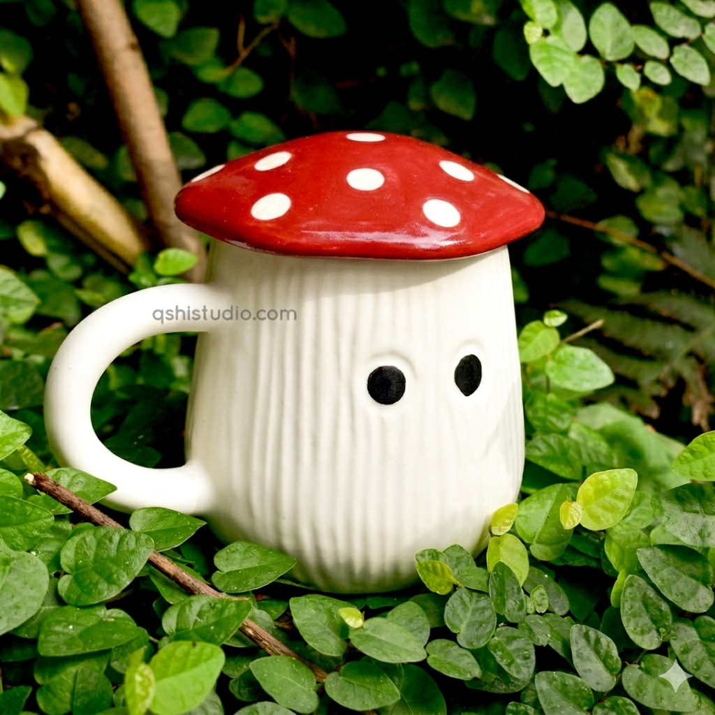 Mug | Ceramic Mushroom Cap | White & Red Lid