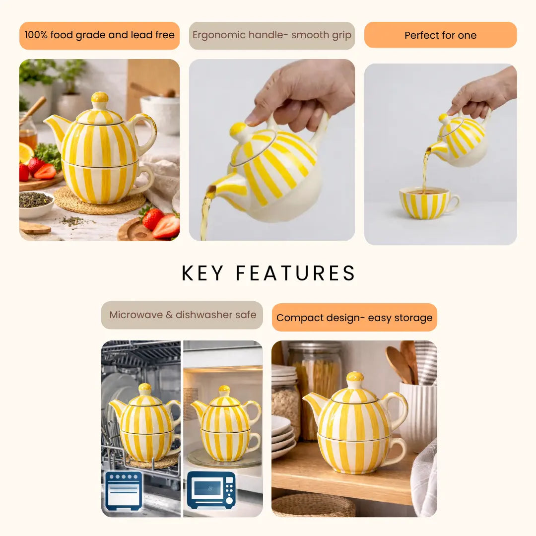 Handmade Ceramic Striped Tea Pot and Cup Set – Yellow & White Stoneware for Tea Lovers