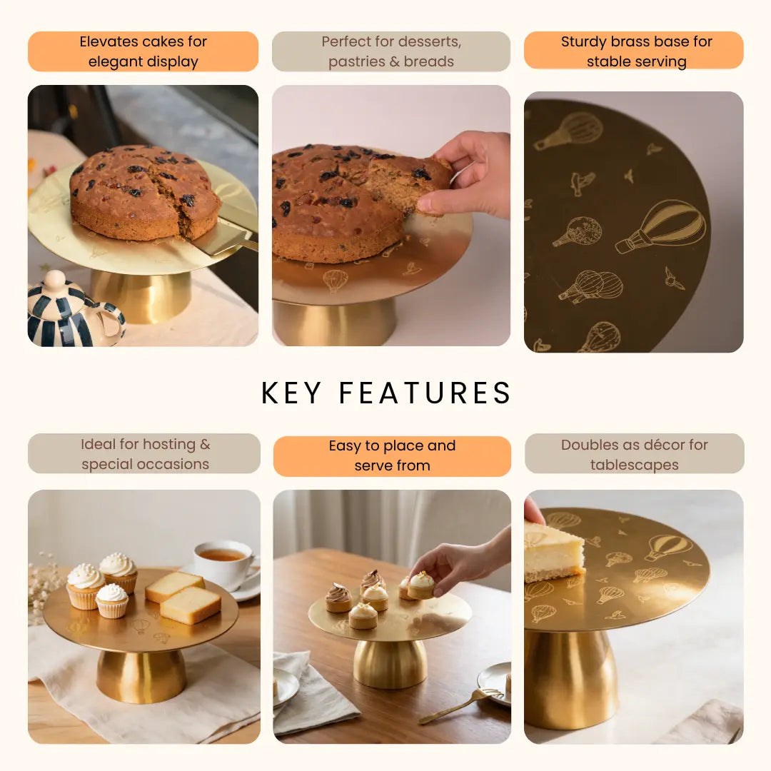 Pure Brass Cake Stand – Laser-Etched Hot Air Balloon Design | Luxury Dessert Stand for Parties, Weddings & Festive Serving