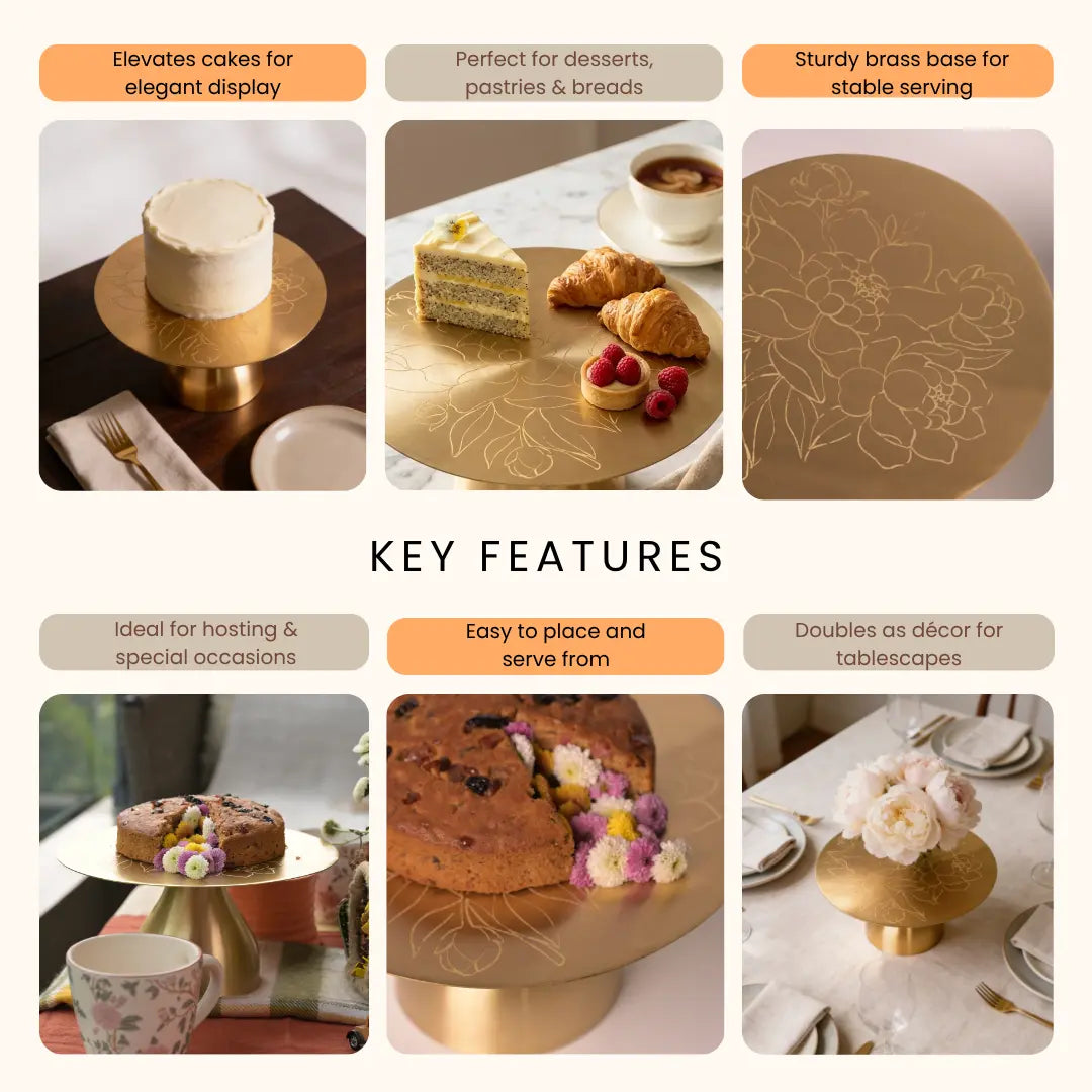 Pure Brass Cake Stand – Laser-Etched Peony Flower Design | Luxury Dessert Stand for Weddings, Festive Hosting & Home Décor