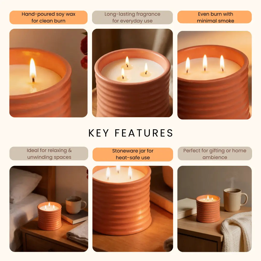 Stoneware Scented Candle 500g – Delicious Bliss Fragrance | Luxury 3-Wick Long-Lasting Soy Wax Jar Candle for Home Décor & Gifting
