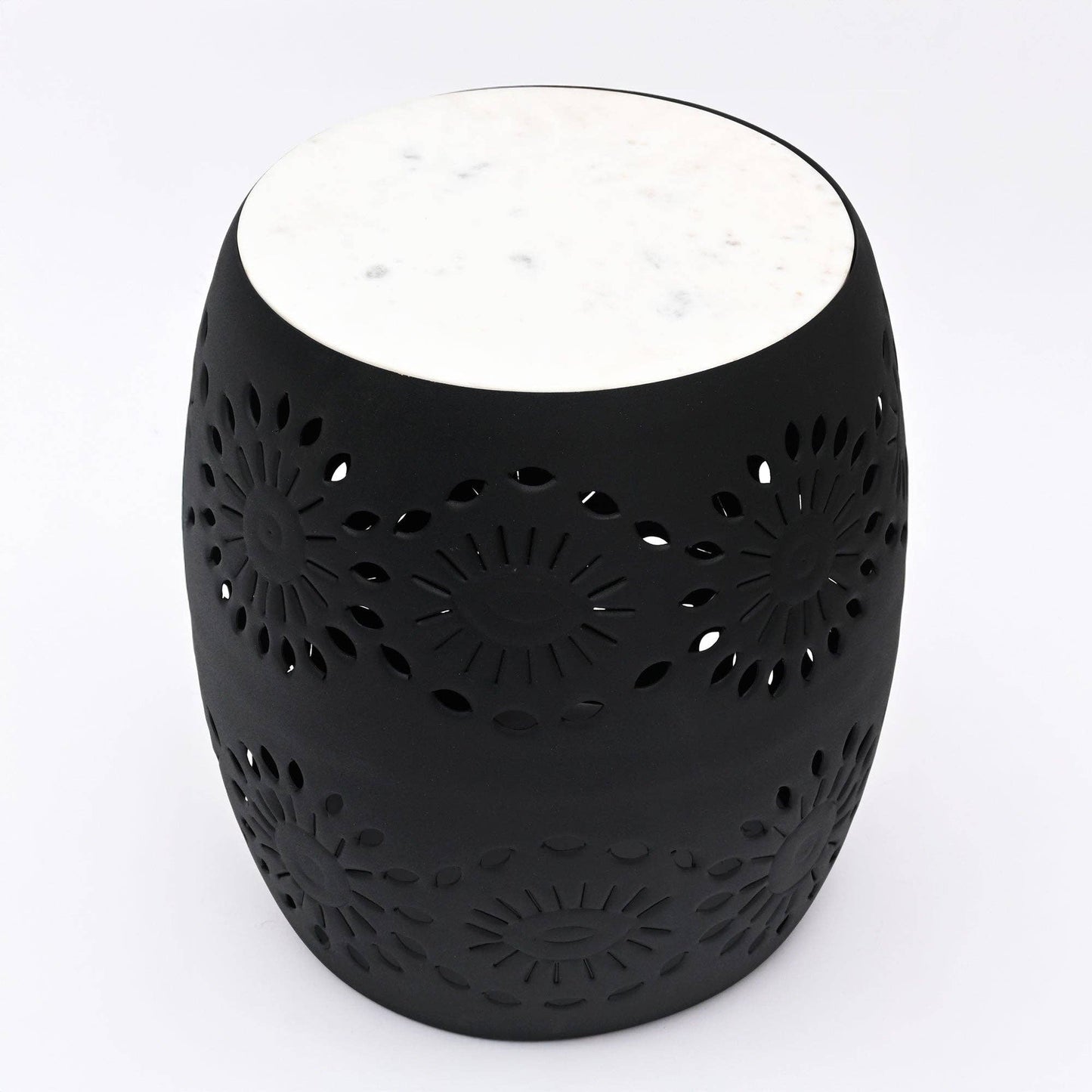Floral Cutout Side Table with Marble Top – Elegant Accent