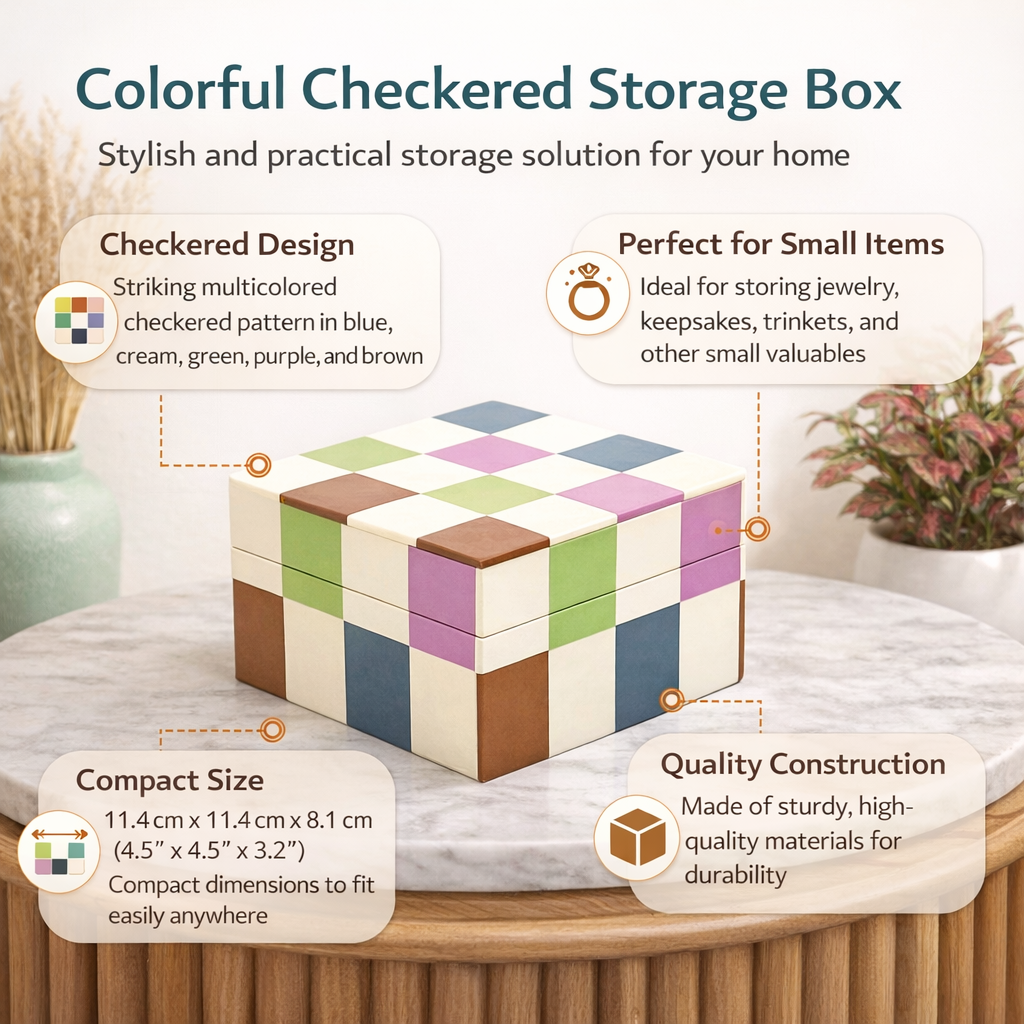 Checkered Resin Storage Box 4x4 Inch Modern MDF Décor