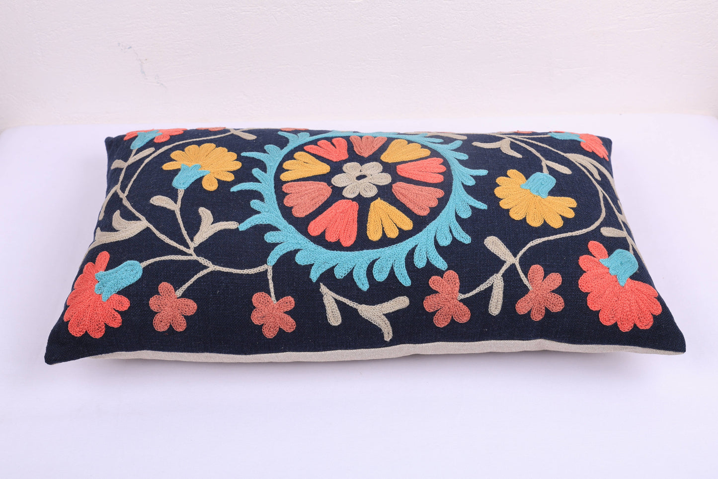 Indigo Aari Embroidered Cotton Lumbar Cushion 35 x 60 cm