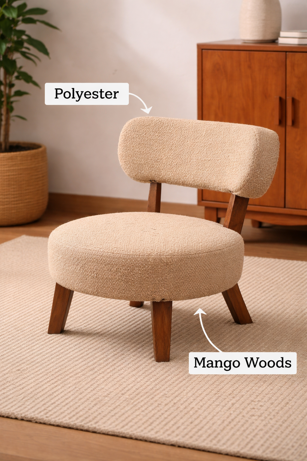 Beige Upholstered Accent Chair with Wood Legs
