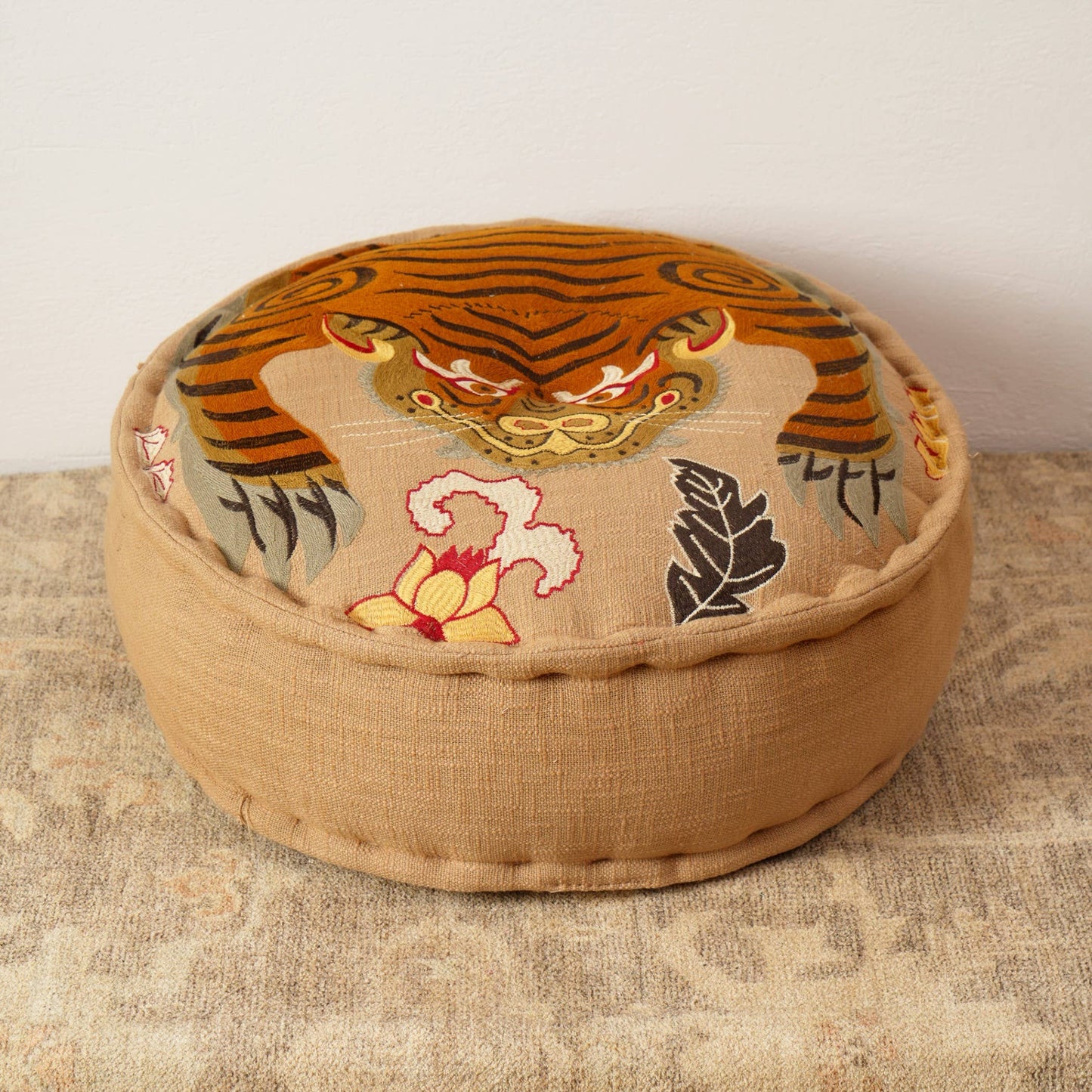 Boho Embroidered Cotton Floor Pouf – Tiger Design 60×20 cm