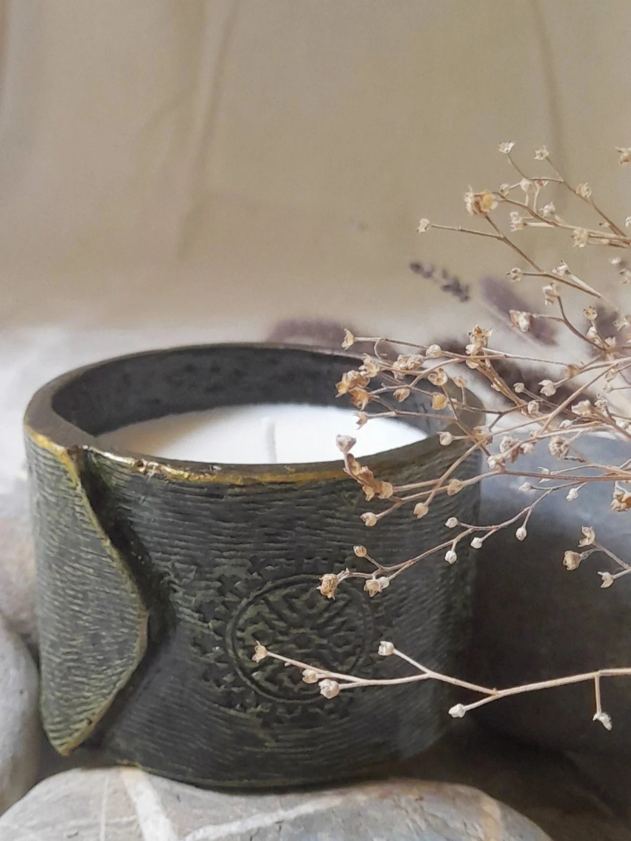 Papier-Mâché Candle Holder-Budha Symbol Motif-Black