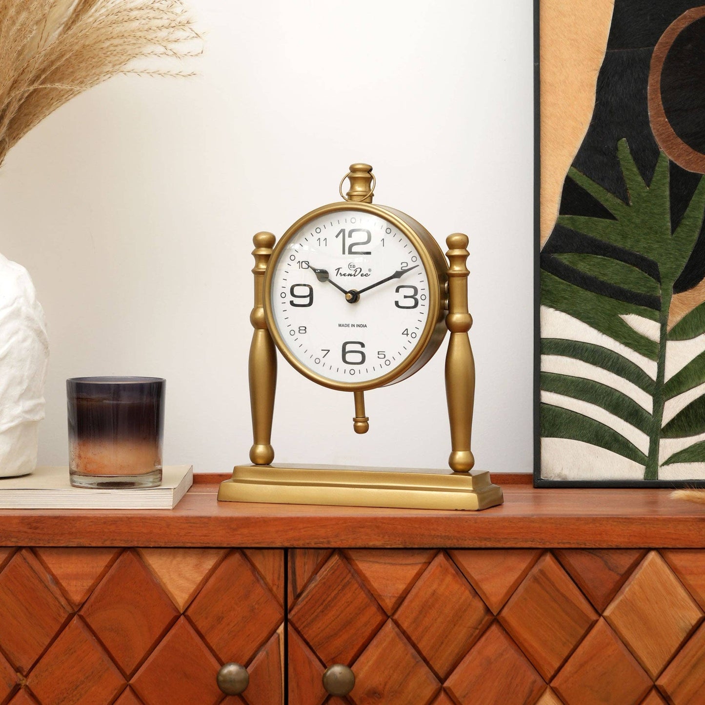 Antique Pillar Frame Desk Clock - Vintage Brown Table Clock