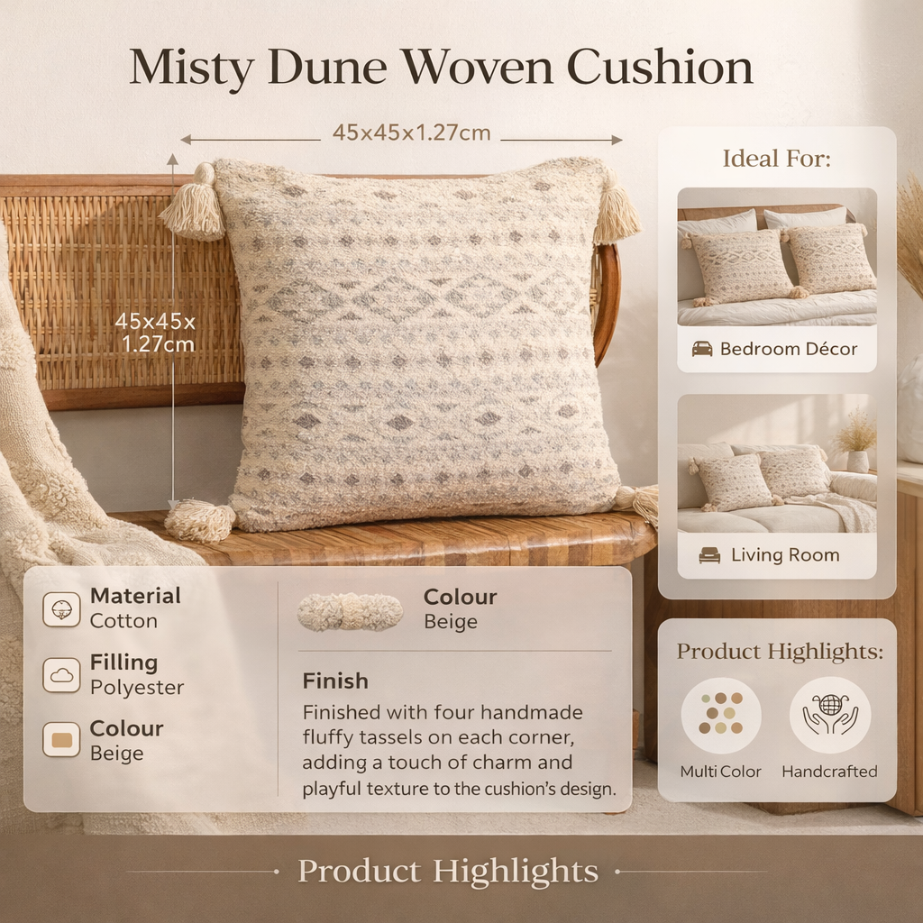 Misty Dune Woven Cushion with Tassels – Beige | 45 × 45 cm