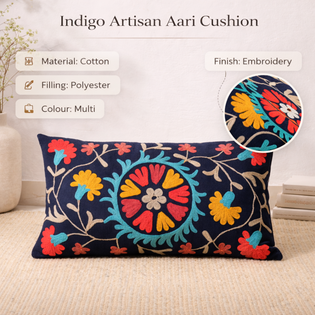 Indigo Aari Embroidered Cotton Lumbar Cushion 35 x 60 cm