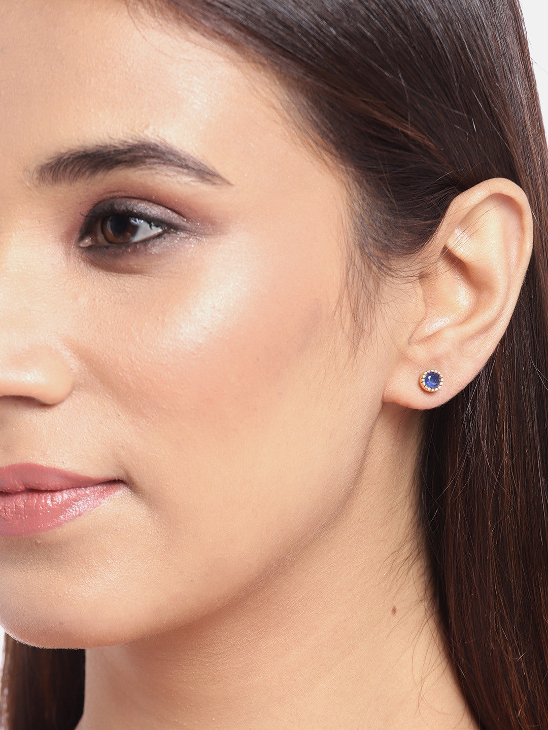 Navy Blue Circular Stud Earrings – Gold-Plated Brass – Artificial Stone Embellished