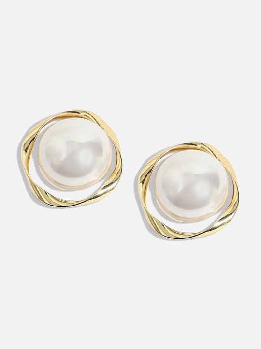 Gold-Tone Pearl Disc Studs – Fashion Earwear – Plated Finish, Faux Pearl – Single Pair