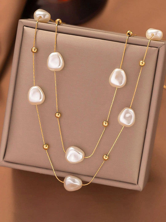 Pearl-Accented Multi-Strand Necklace – Gold-Plated Stainless Steel