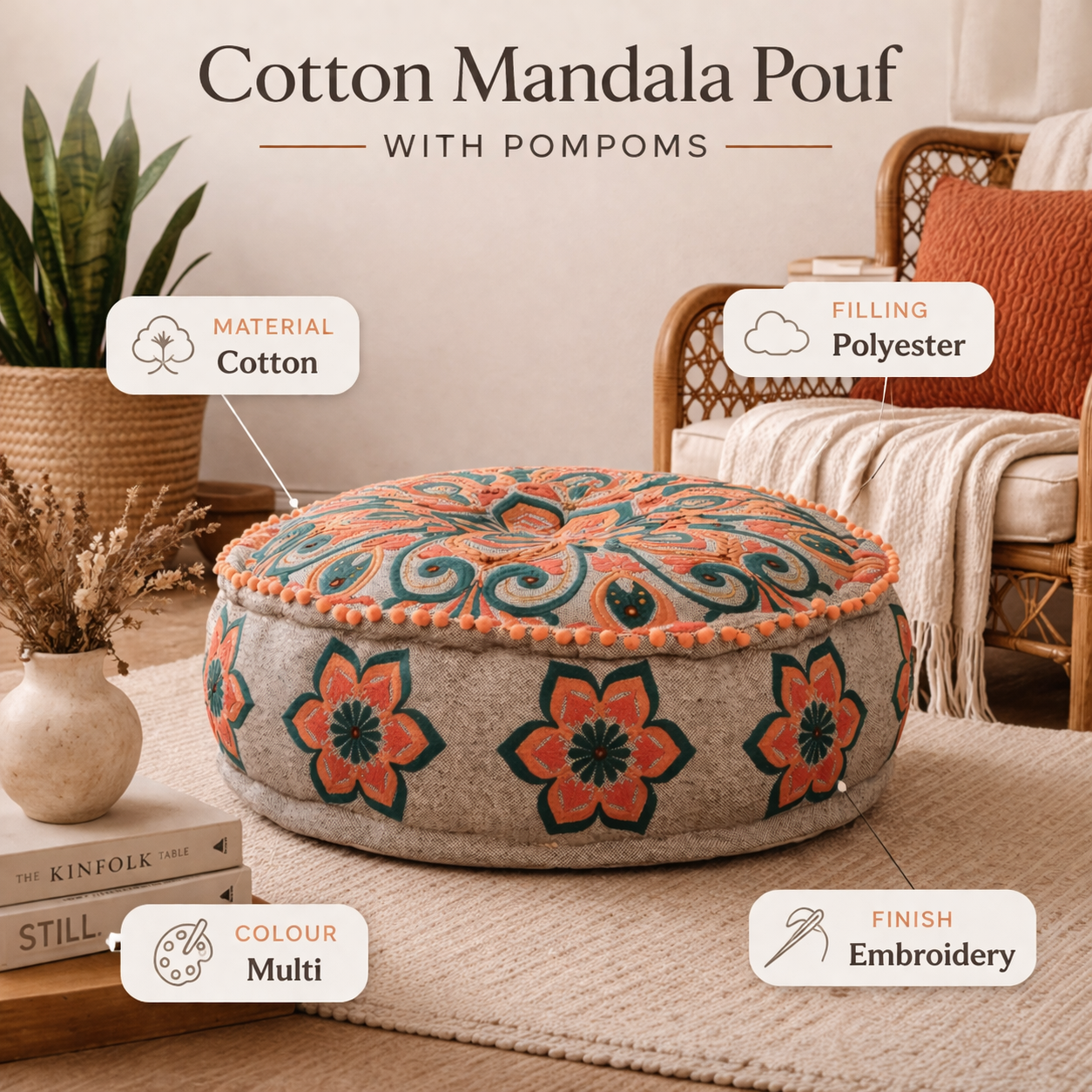 Multicolor Mandala Cotton Pouf Ottoman
