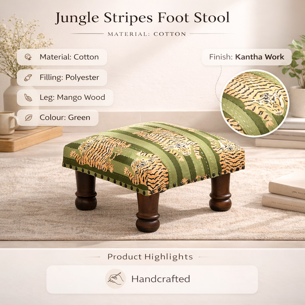 Handcrafted Green Jungle Stripe Cotton Footstool, Wooden Leg