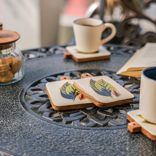 Timber Leaf Coaster Set – Drink Coasters – Acacia Wood & Enamel – Intricate Design (Set of 4)