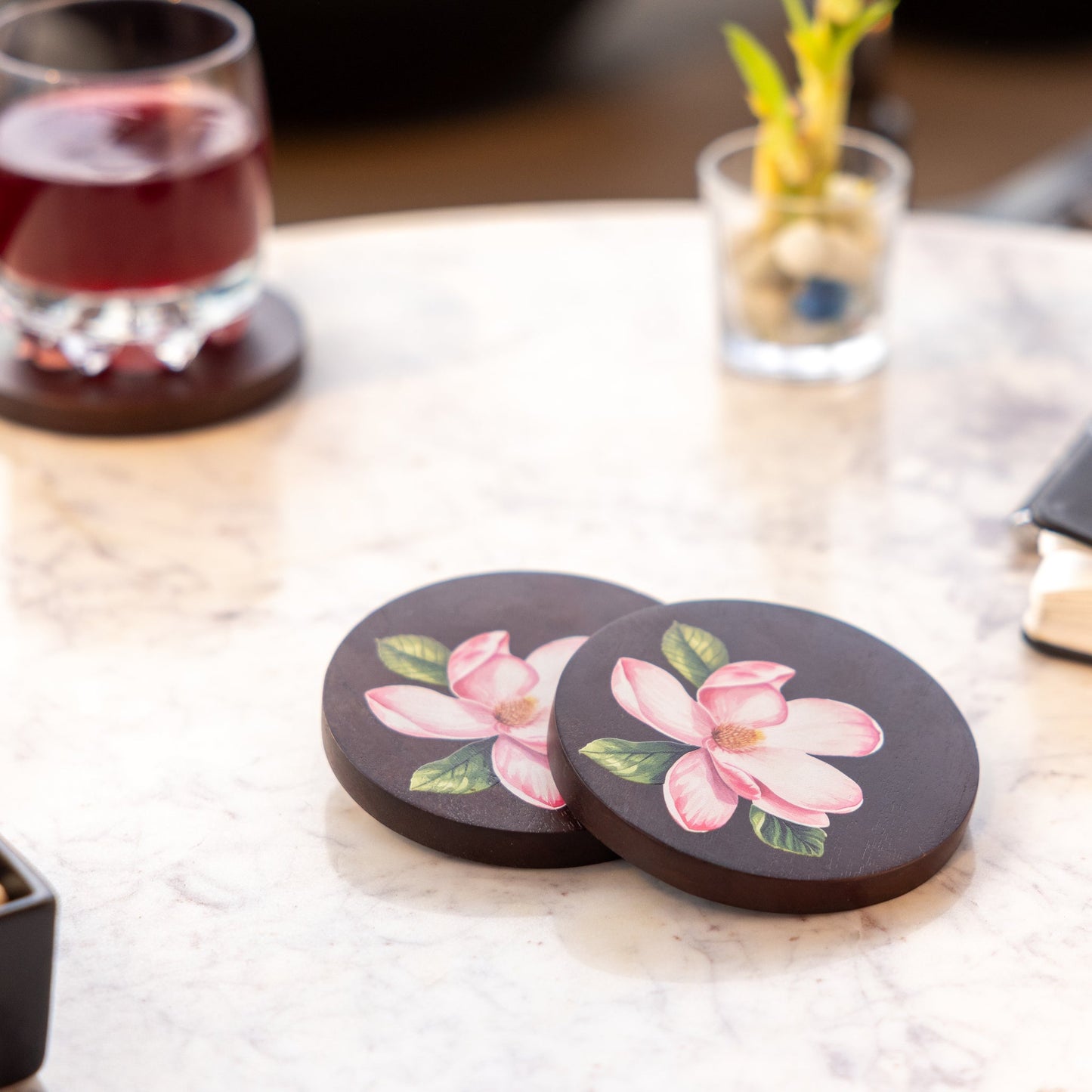 Sakura Floral Coasters – Hand-Painted Acacia Wood Drink Coaster Set – 10cm Square (Set of 4)