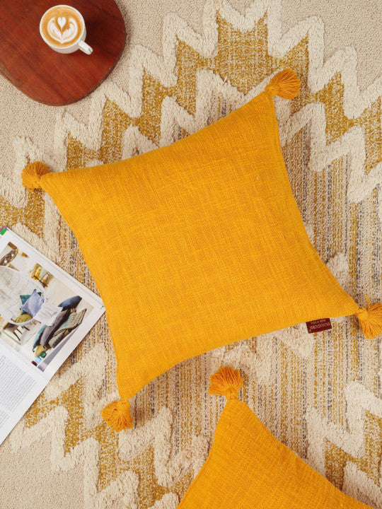 Set of 2 - Ochre Yellow Tasselled Pillow Covers – Square Accent Shams – Premium Cotton