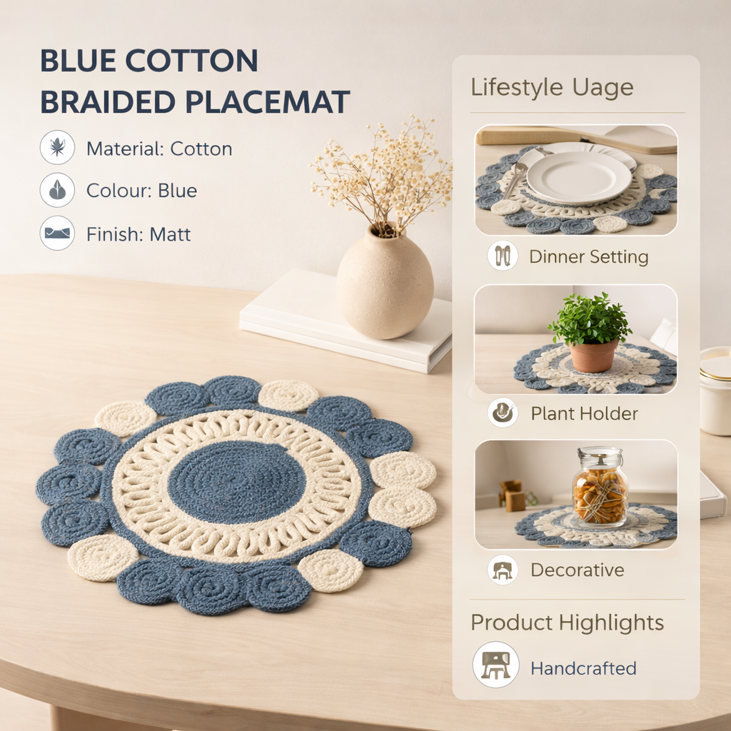 Blue Cotton Braided Placemat – Handcrafted Dining Mat