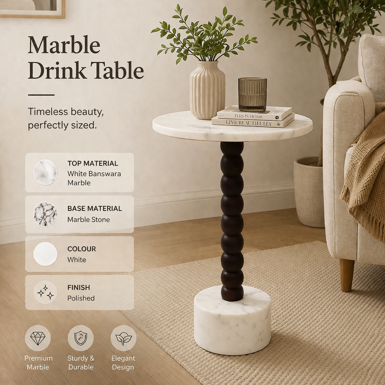 Marble & Wood Beaded Drink Table – Compact Artisanal Accent