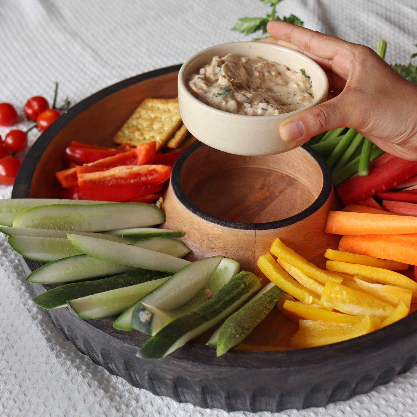 Mango Wood Serving Tray With Removable Bowl - Dual-Tone, Two Sizes