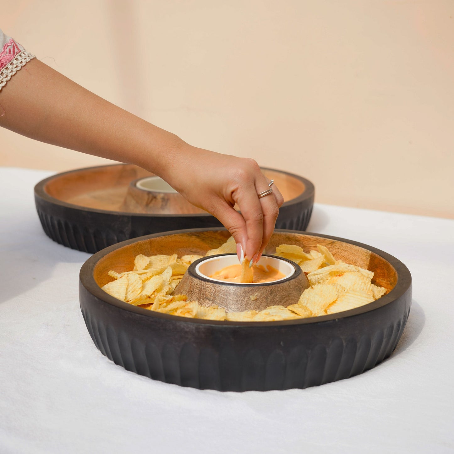 Mango Wood Serving Tray With Removable Bowl - Dual-Tone, Two Sizes