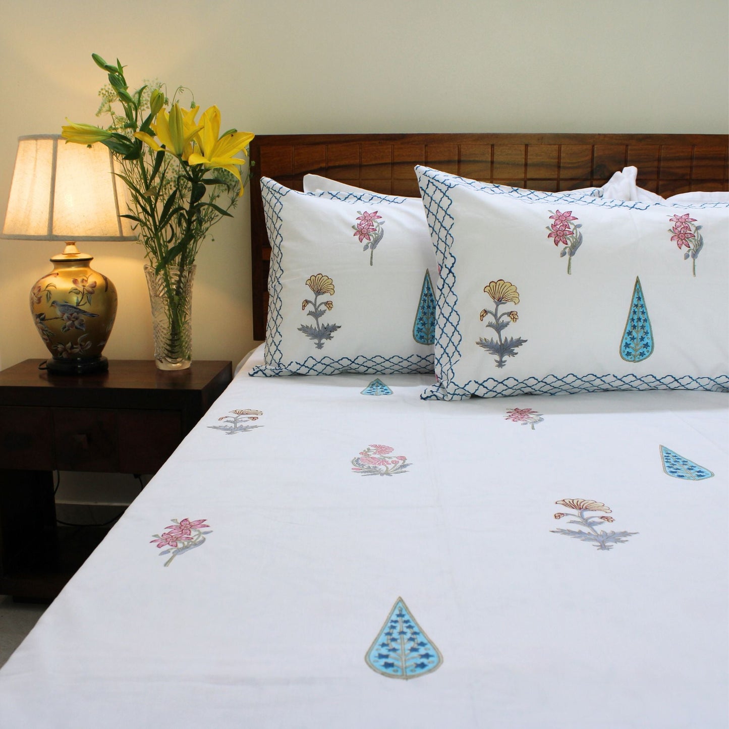 Bedsheet | Cotton Handblock Printed Vibrant Garden | Set of 3