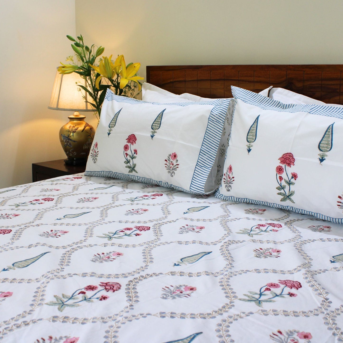 Bedsheet | Cotton Handblock Garden Blooms | Set of 3