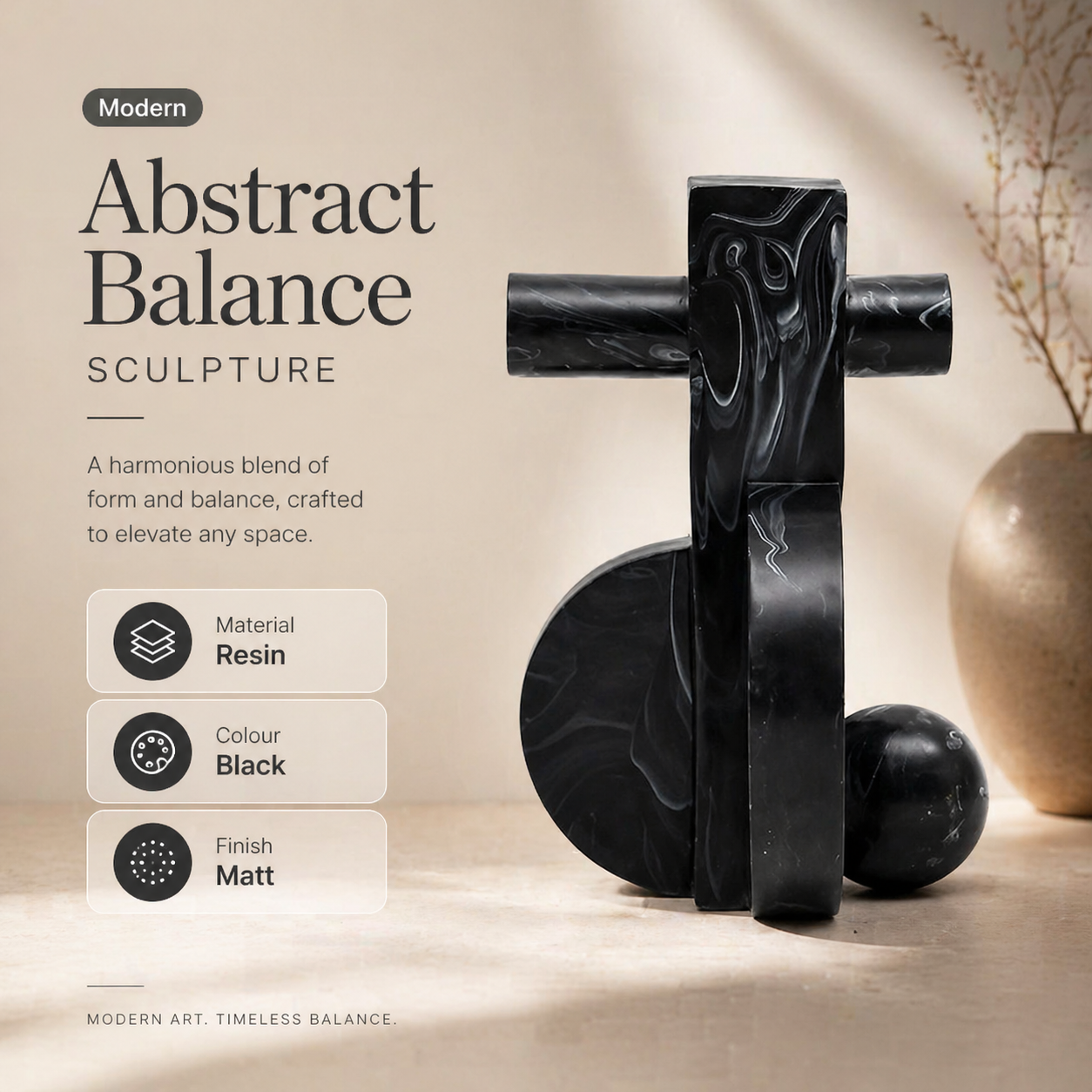 Modern Abstract Balance Sculpture in Black Matte Polyresin