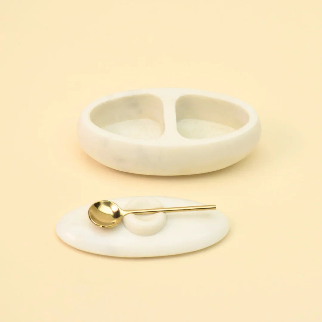 Handcrafted Marble Twin Serving Platter - With Gold Spoon & Lid