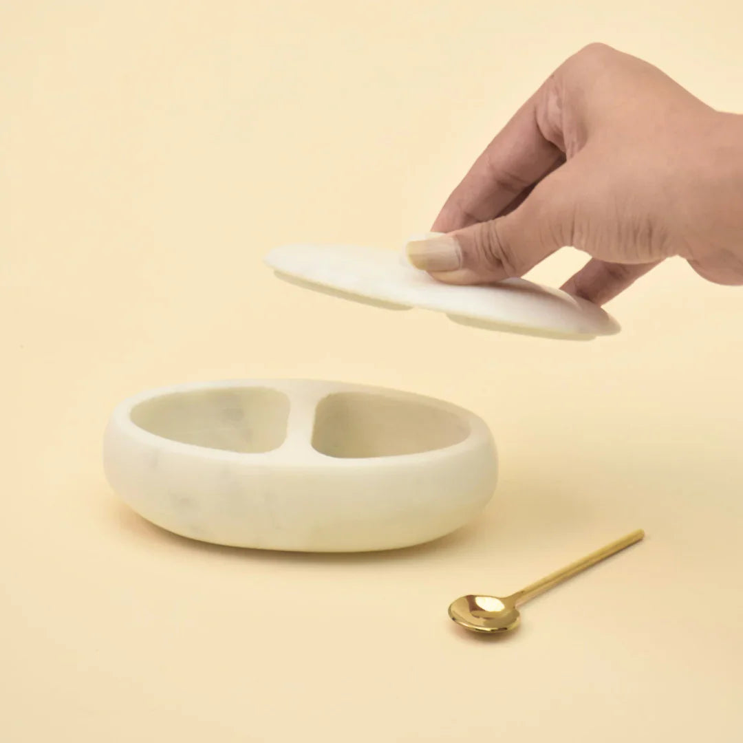 Handcrafted Marble Twin Serving Platter - With Gold Spoon & Lid