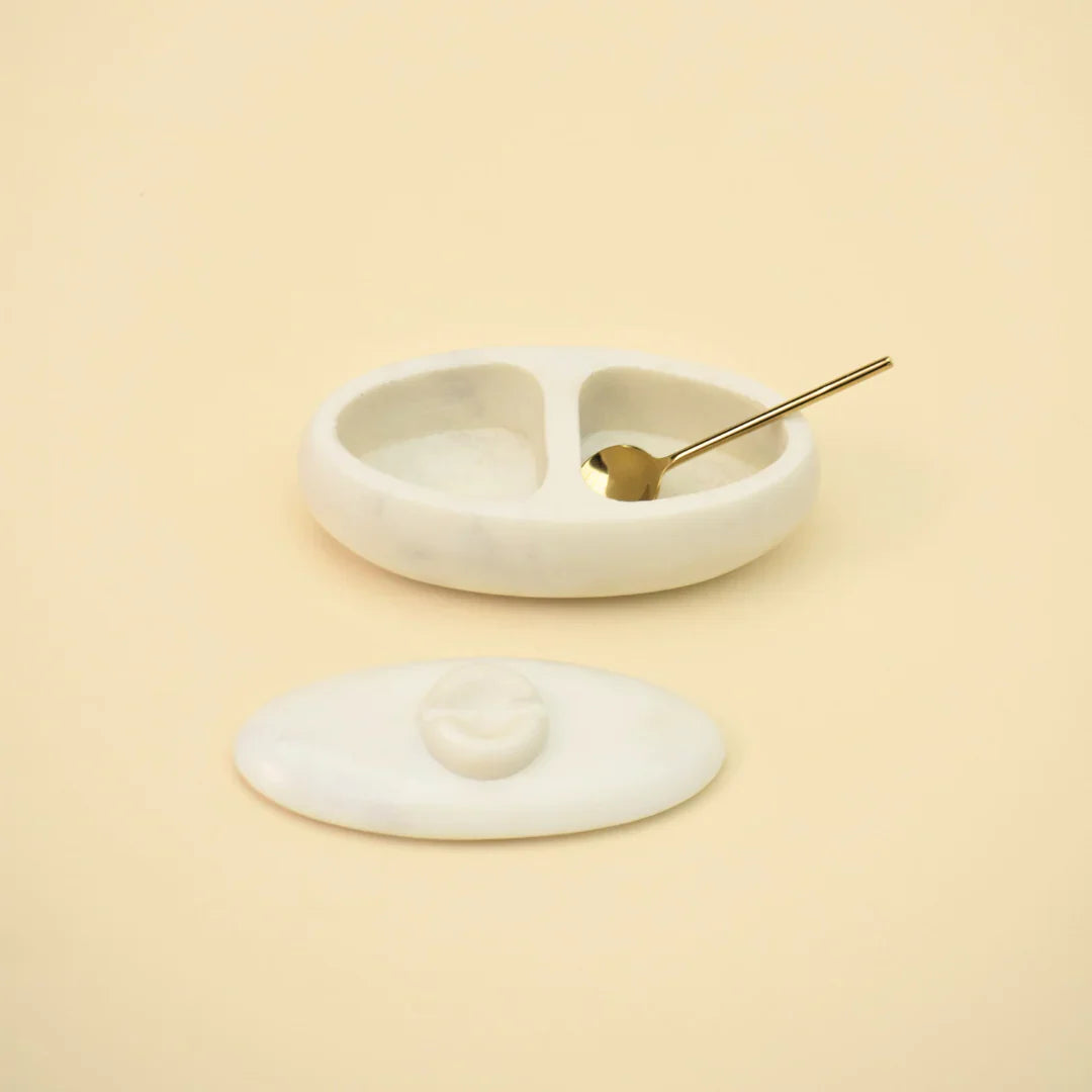 Handcrafted Marble Twin Serving Platter - With Gold Spoon & Lid