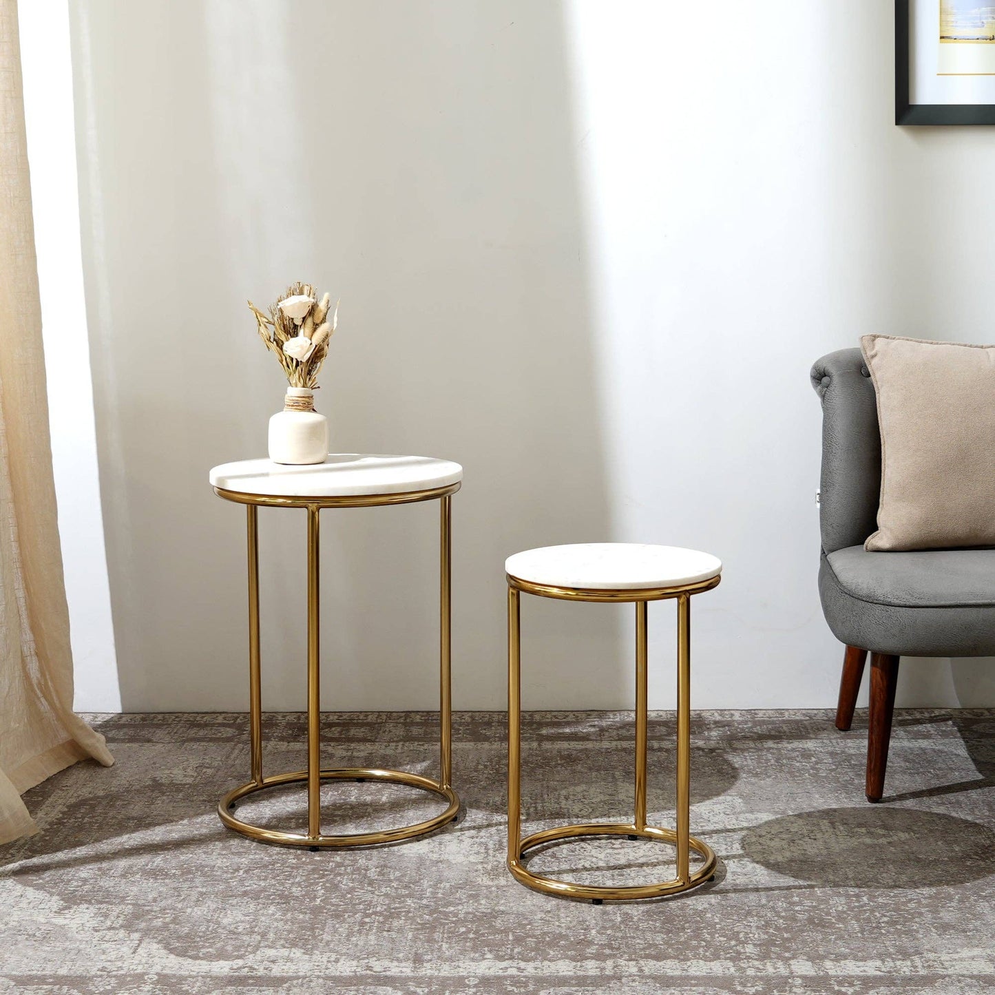 Round Marble Nesting Tables – Modern Gold Accent Set