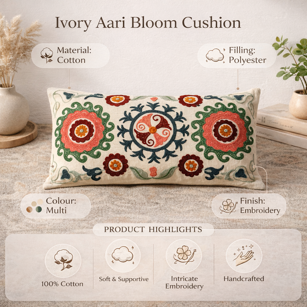 Suzani Embroidered Lumbar Cushion With Filler