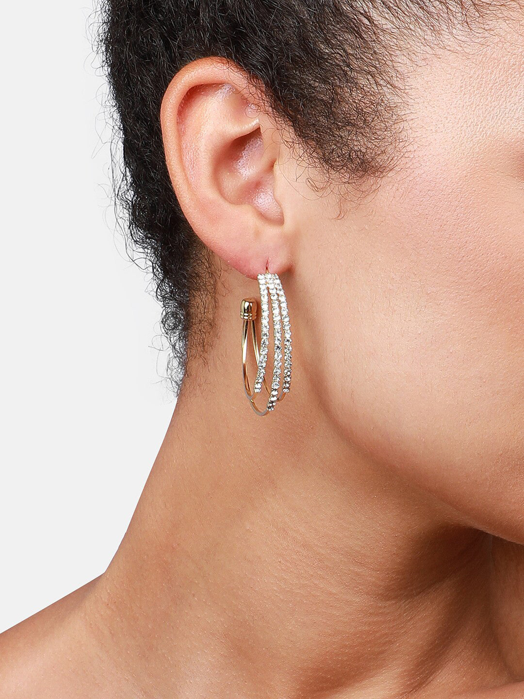 Gold-Plated Contemporary Half Hoop Earrings – Fashion Jewellery – Artificial Stones – 3.5cm Pair