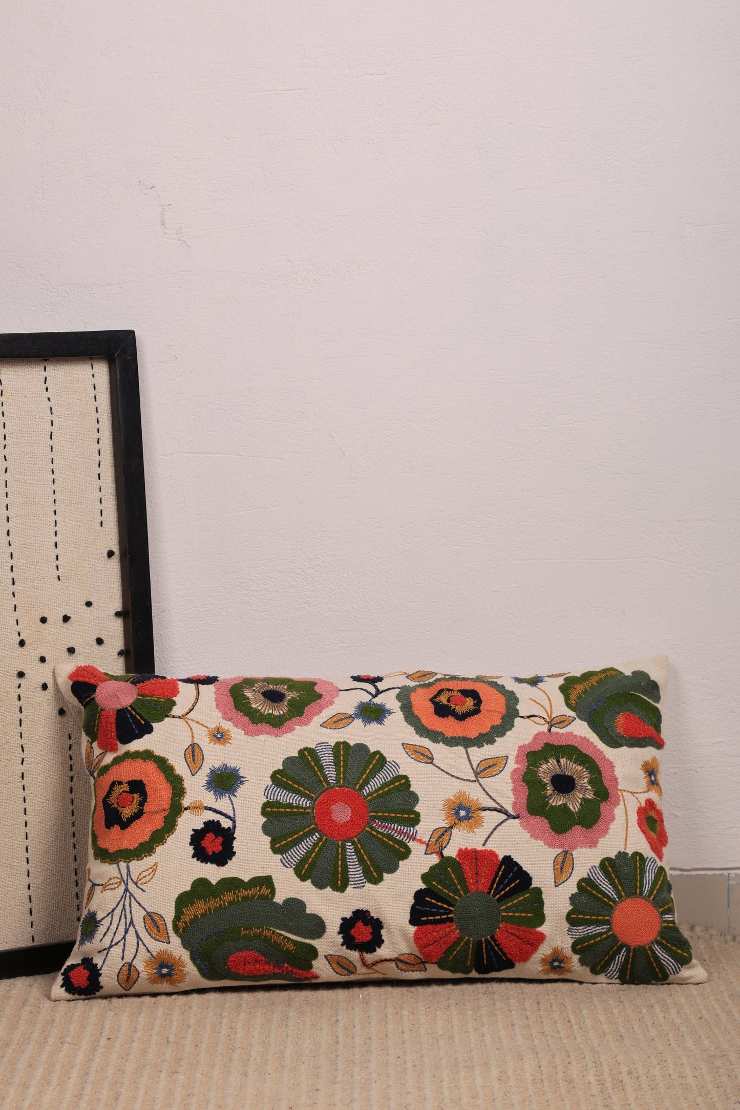 Floral Embroidered Cotton Cushion with Filler 35 × 60 cm
