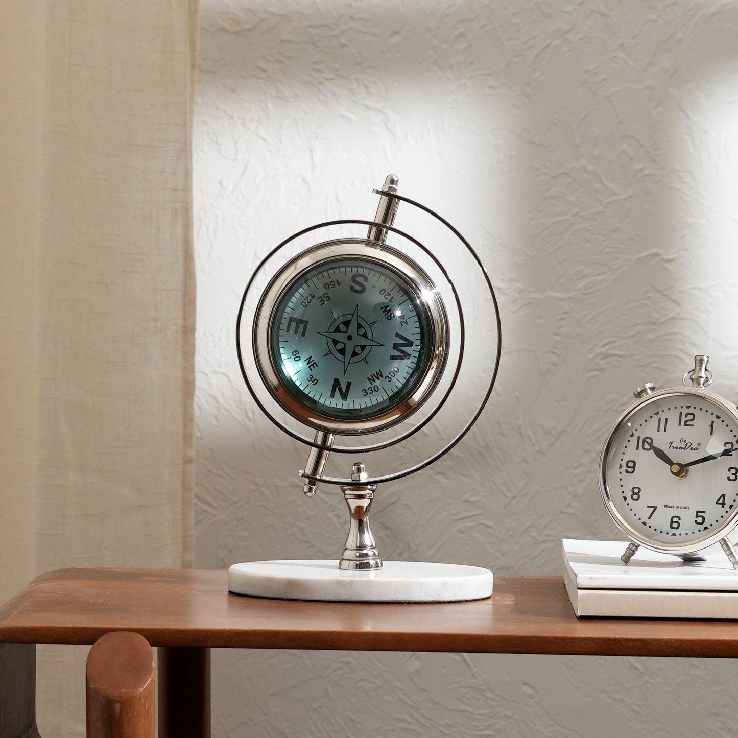 Vintage World Globe Desk Clock - Marble & Nickel Table Accen