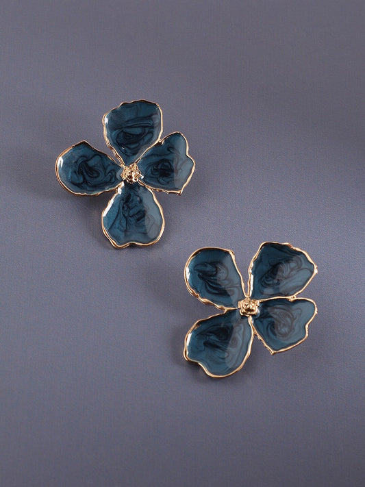 Gold-Plated Stud Earrings – Contemporary Design – Blue Accent – 2.5cm Square