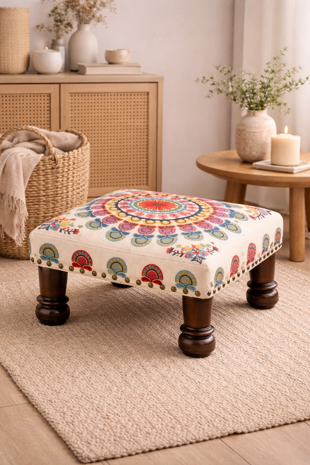 Mystic Mandala Cotton Footstool with Wooden Legs