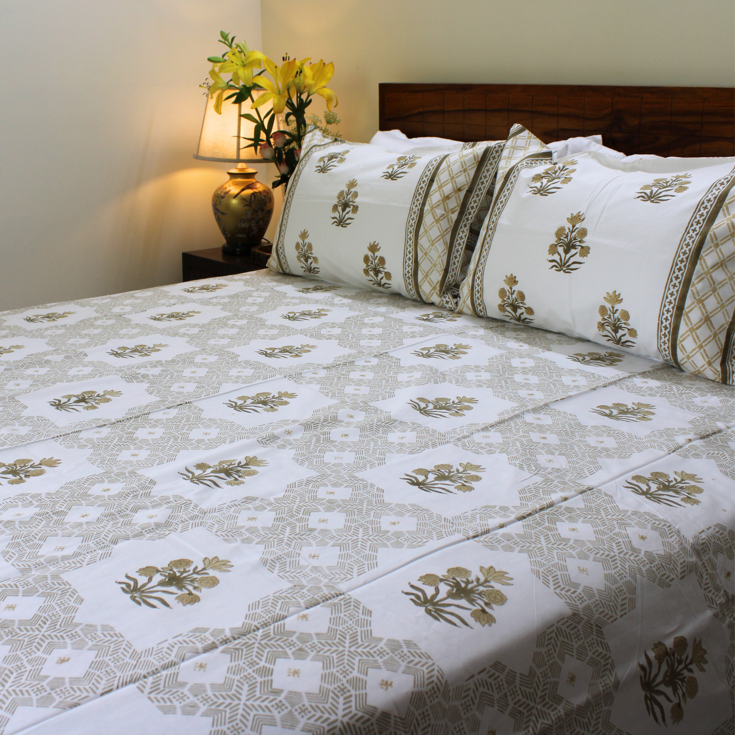 Bedsheet | Handblock Cotton Garden Print | Set of 3