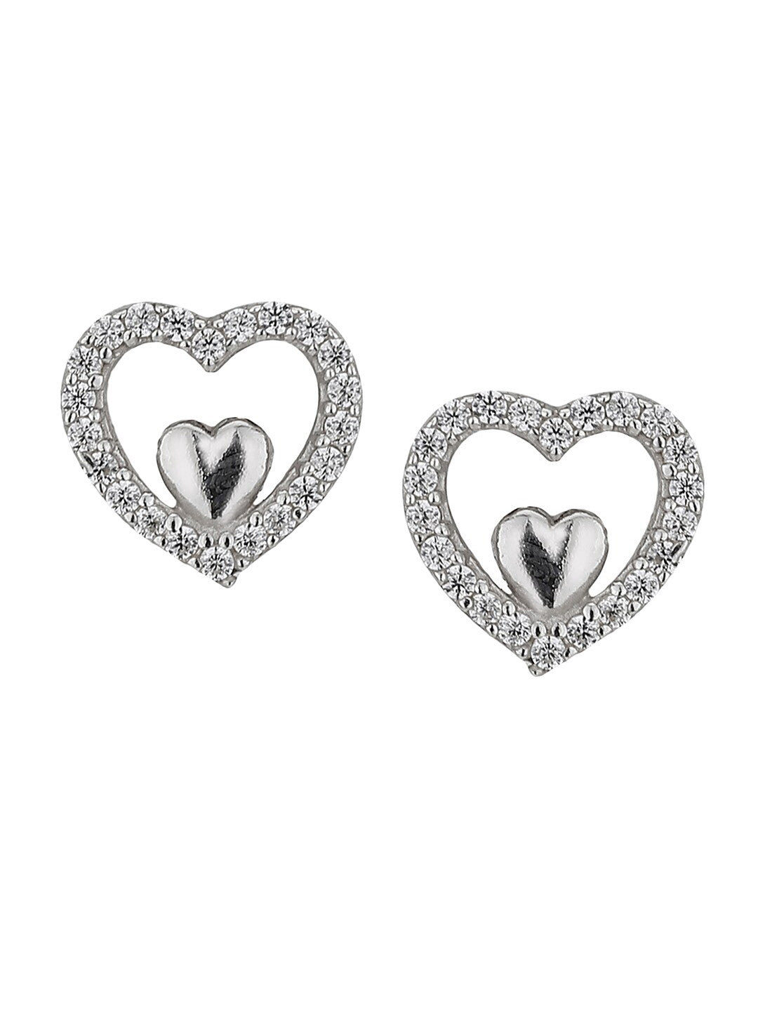 925 Sterling Silver Heart Studs – Rhodium-Plated Earrings – CZ Accented – 0.90 cm