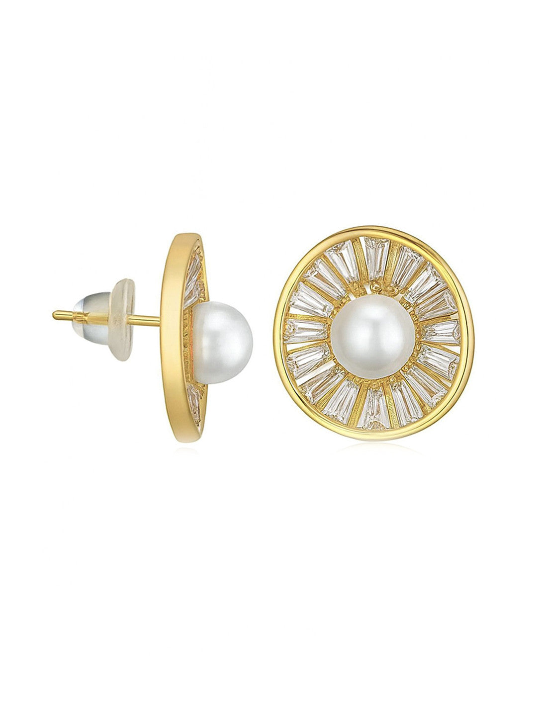 Gold-Plated AD Studded & Pearls Beaded Circular Studs – Stud Earrings – Gold-Toned, American Diamond – 1.5x1.3cm