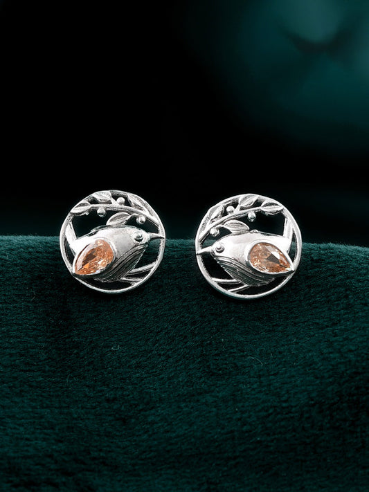 Avian Motif Stud Earrings – Sterling Silver – Stone-Accented – Retail Unit