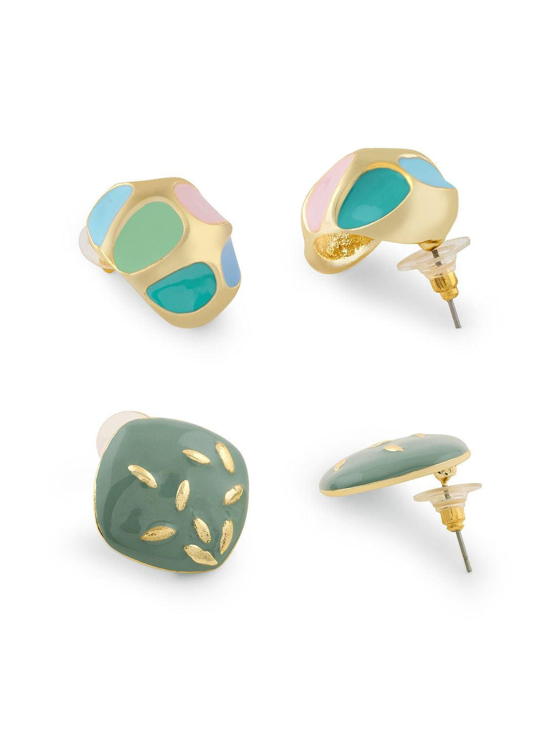 Gold-Plated Enamelled Stud Earrings – Mismatched Contemporary Pair – Gold-Toned Finish